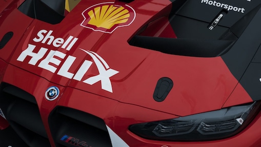 A red BMW M3 close up of bonnet with SHELL HELIX logo